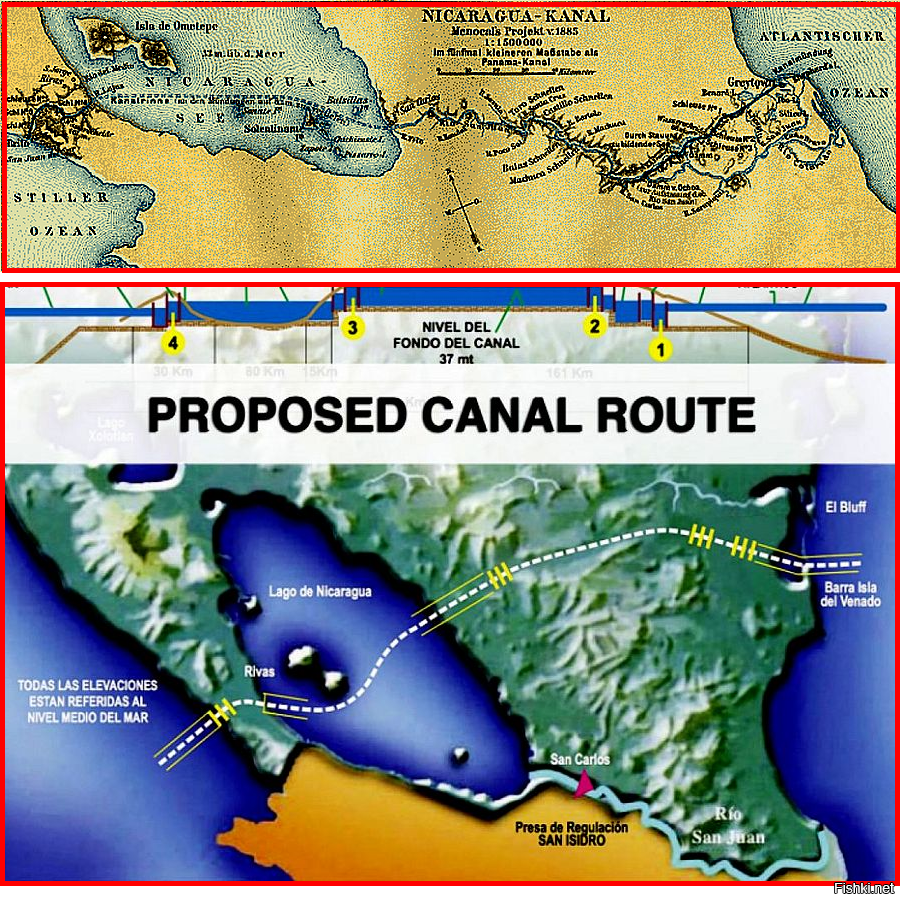 Проект никарагуанского канала на карте