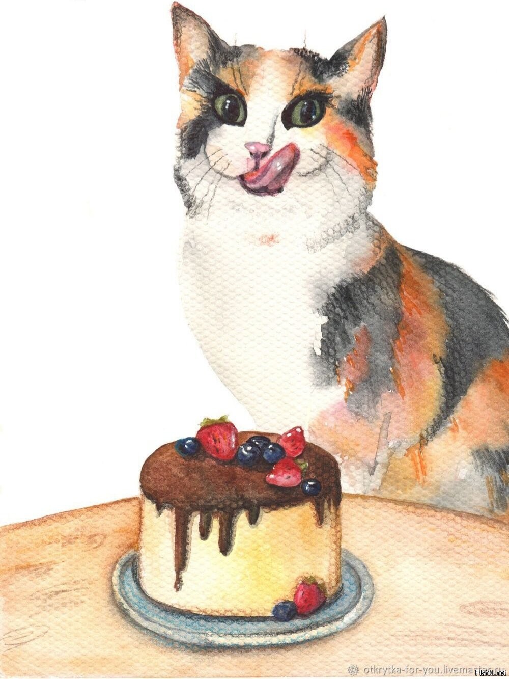 Кот с тортиком рисунок