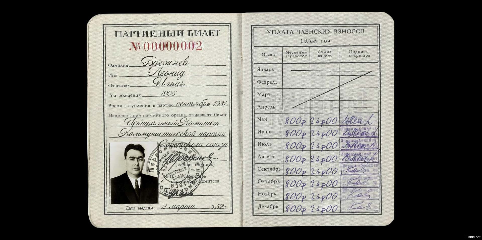 Партийный билет КПСС Брежнева